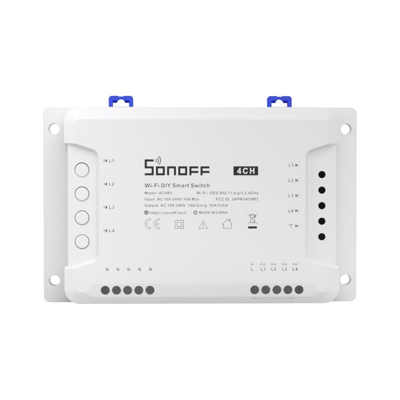 Four-channel Wi-Fi smart switch with dry contacts, RF control and professional DIN-rail installation.