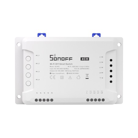 Four-channel Wi-Fi smart switch with dry contacts, RF control and professional DIN-rail installation.
