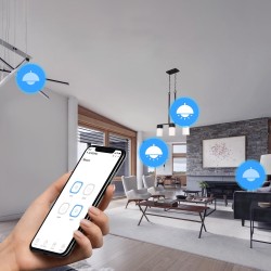 Four-channel Wi-Fi smart switch with dry contacts, RF control and professional DIN-rail installation.