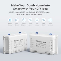 Four-channel Wi-Fi smart switch with dry contacts, RF control and professional DIN-rail installation.